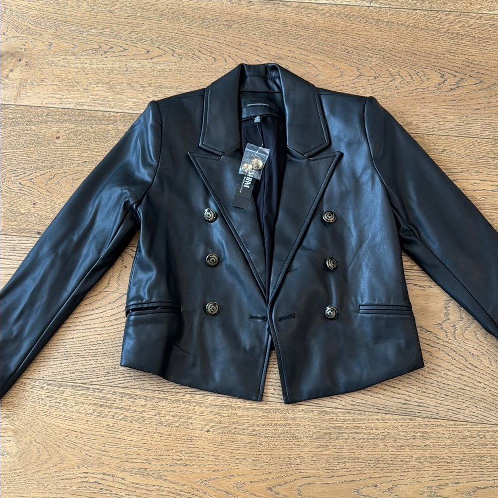 White House Black Market Black Double-Breasted Faux Leather Cropped Jacket